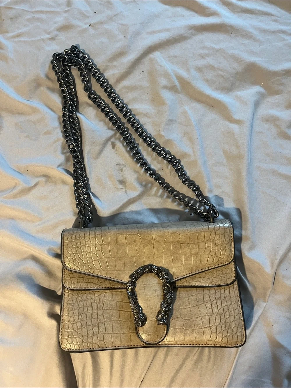 Designer-Inspired Women's Croc-Embossed Shoulder Bag in Beige